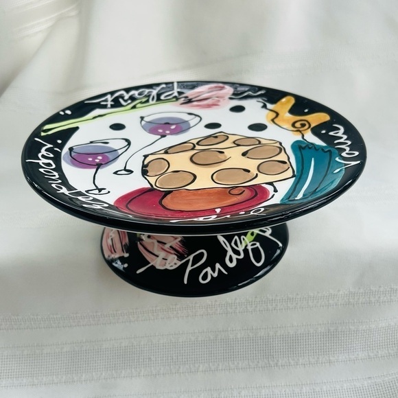 French Wine & Cheese‎ Pedestal Plate by Joanne Delomba for Lotus HandPainted EUC - Picture 3 of 6